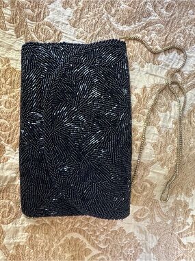 Walborg Black Beaded Clutch with Gold Chain